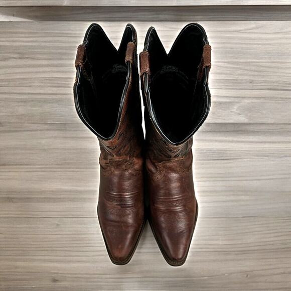 Justin Boots Girls 7 Brown Leather Western Cowboy Boots Pointed Toe Low Heel - Picture 5 of 11